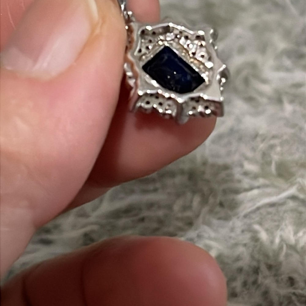 Genuine Natural Blue Sapphire With Tiny Diamonds Pendant in 925 Silver NWT - Picture 5 of 9
